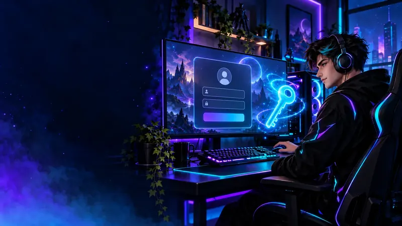 Tela de login da Steam com campos de usuário e senha no monitor e uma chave brilhante ao lado