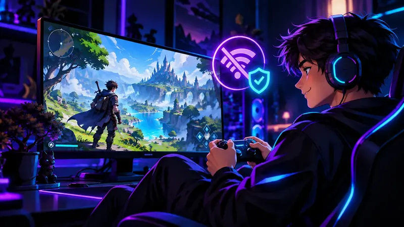 Jogador com controle nas mãos jogando no modo offline, com o ícone de Wi-Fi desligado e um escudo de confirmação