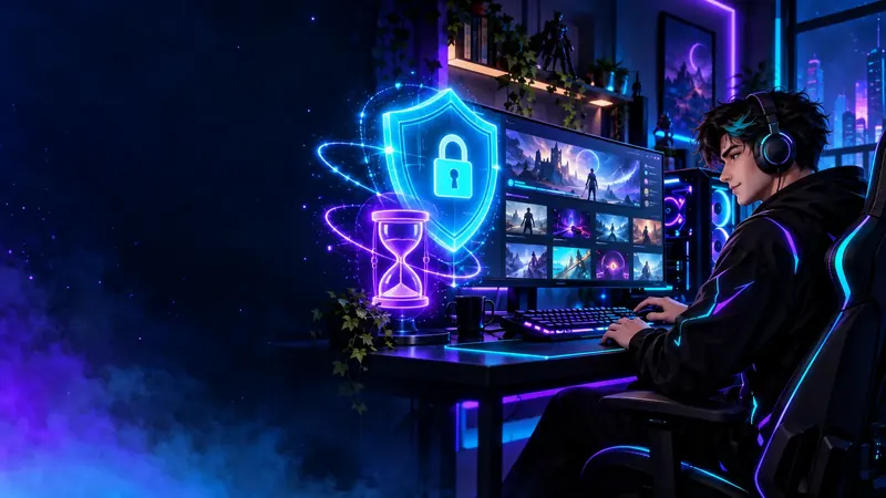 Escudo com cadeado e ampulheta brilhando ao lado do monitor, representando a proteção Denuvo e o tempo de espera do bloqueio temporário